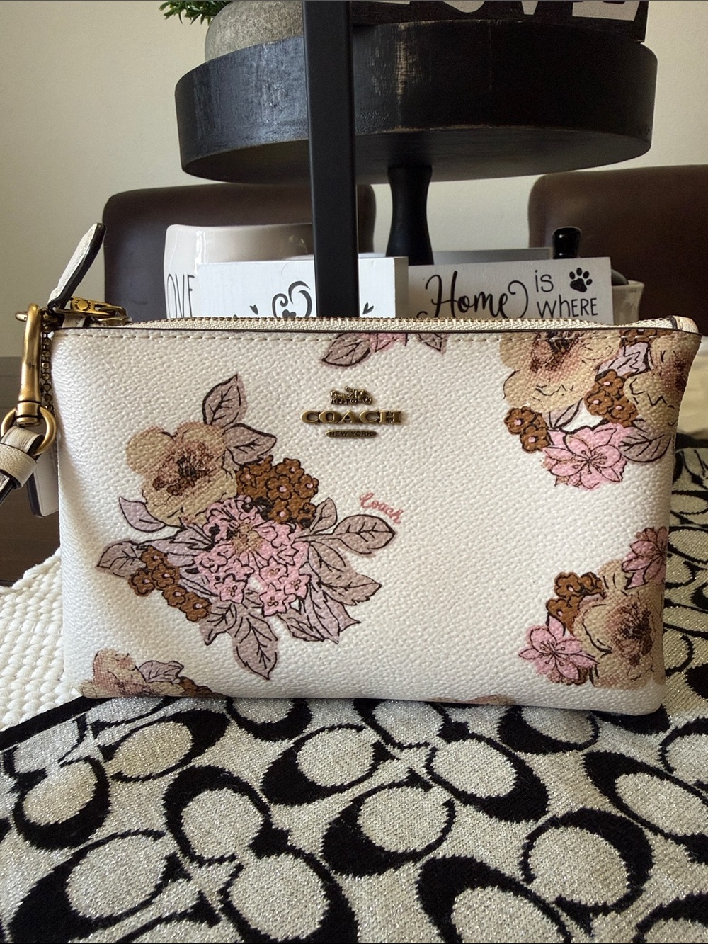 Coach Floral Wristlet in Cream, Pink & Brown
